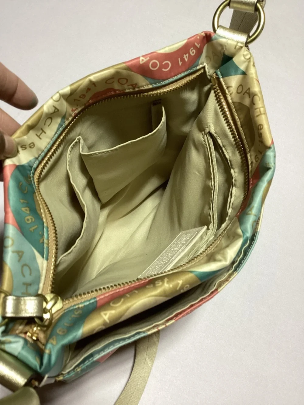 Coach Multicolor Teal Coral Gold Circle Print Crossbody